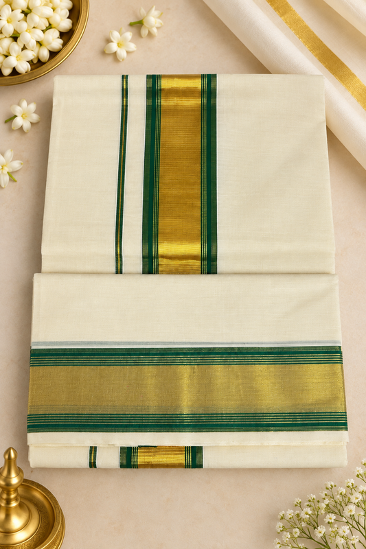 Cotton Kasavu Saree – Green & Golden Zari Border