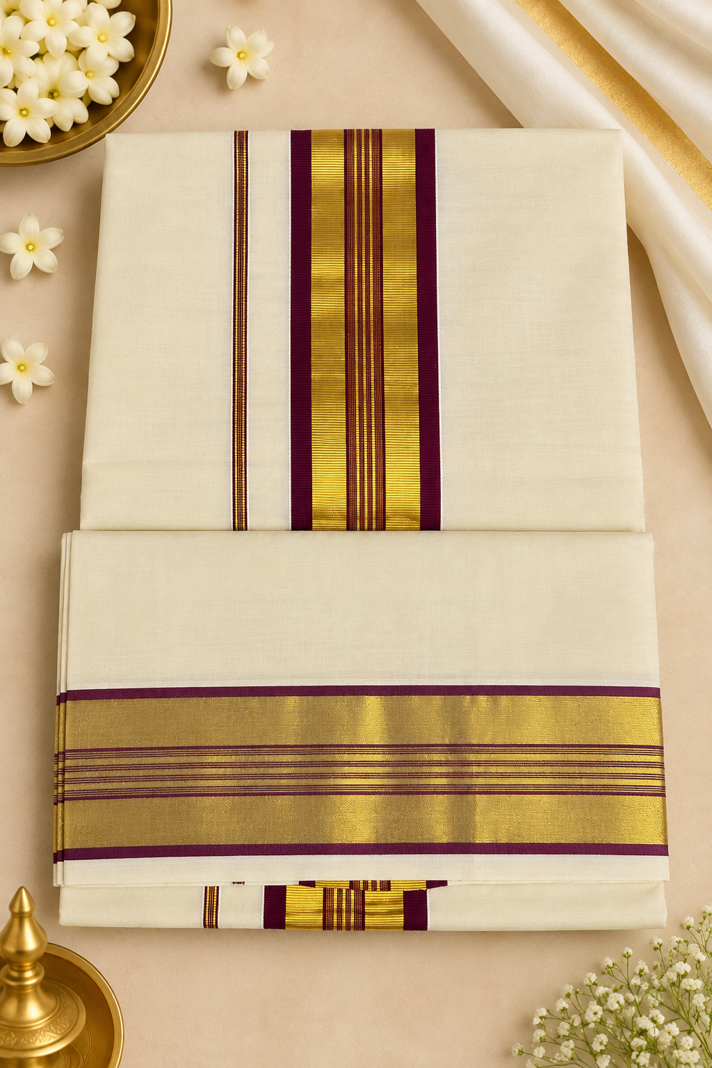 Cotton Kasavu Saree – Deep Plum & Golden Zari