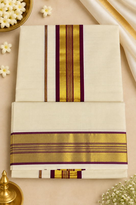 Cotton Kasavu Saree – Deep Plum & Golden Zari
