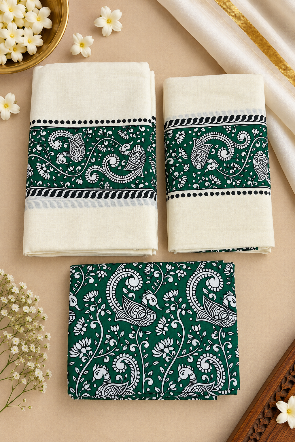 Kerala Cotton Set Mund with Printed Blouse