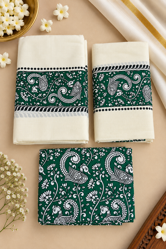 Kerala Cotton Set Mund with Printed Blouse