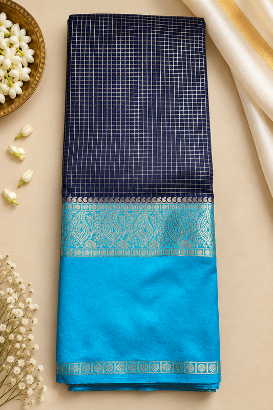 Banarasi Soft Silk Saree – Navy Blue & Turquoise Blue with Gold Zari