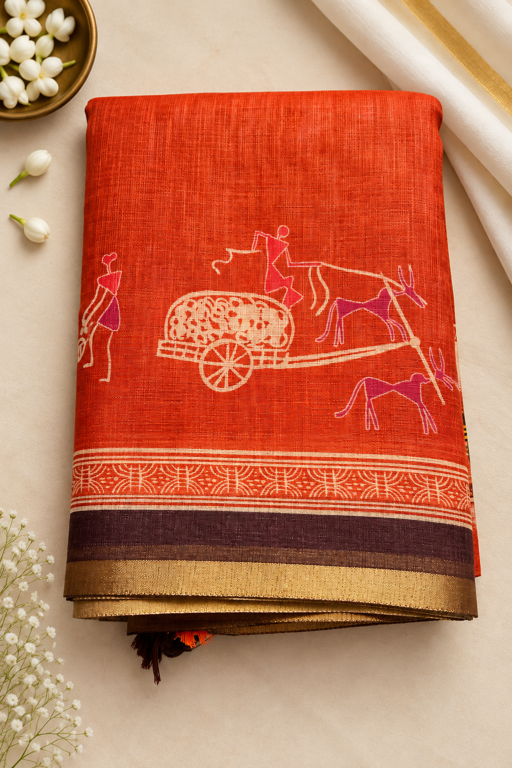 Rust Orange Printed Cotton Saree with Traditional Folk Art Border