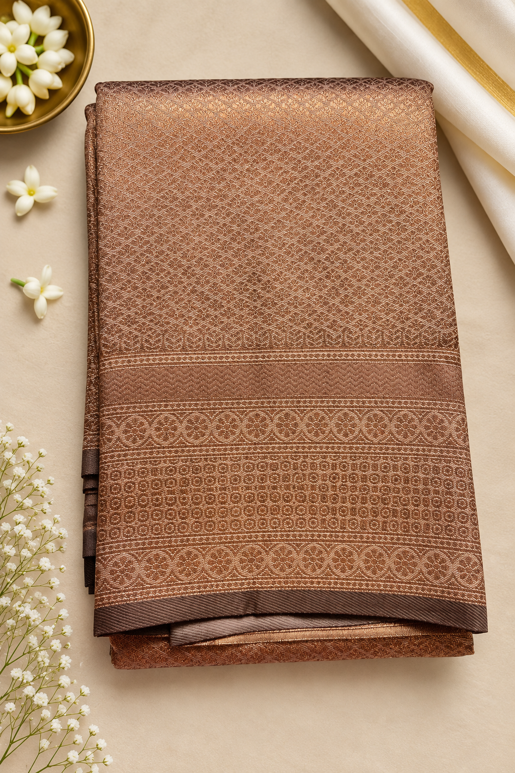 Pastel Brown Semi-Silk Pattu Saree with All-Over Zari Weaving