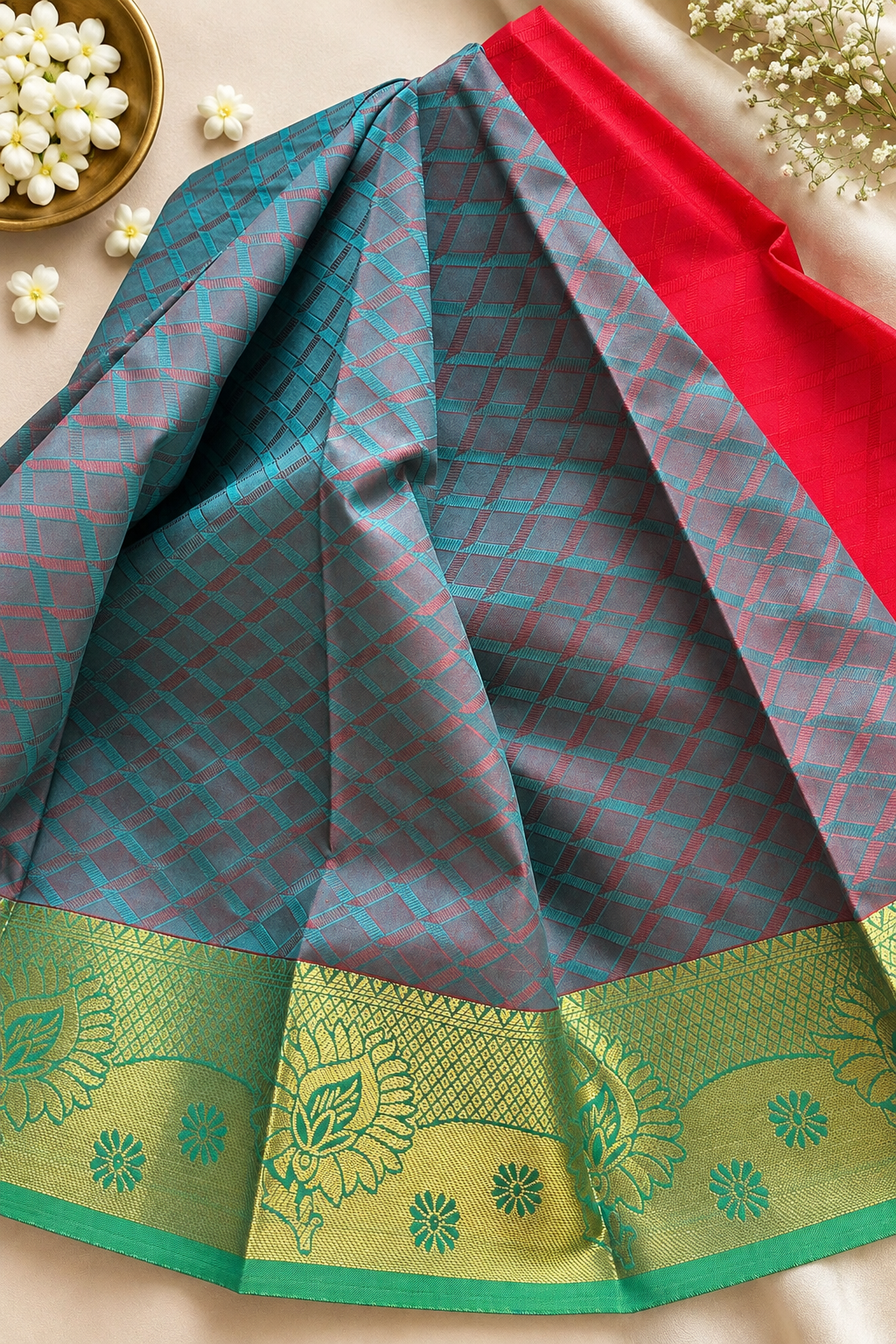Red & Teal Blue Contrast Silk Saree with Rich Gold Zari Border