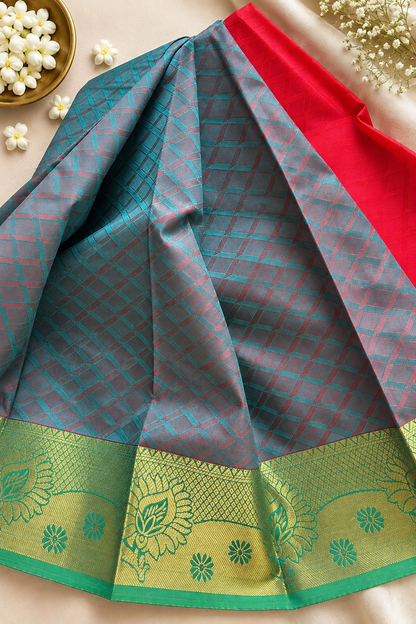 Red & Teal Blue Contrast Silk Saree with Rich Gold Zari Border