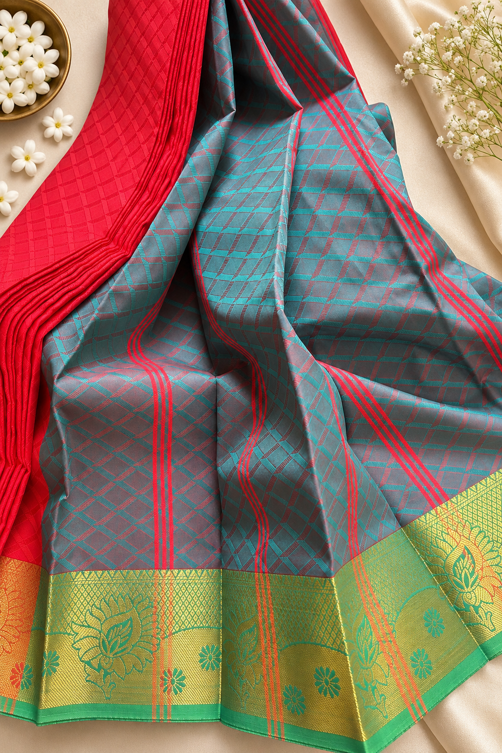 Red & Teal Blue Contrast Silk Saree with Rich Gold Zari Border