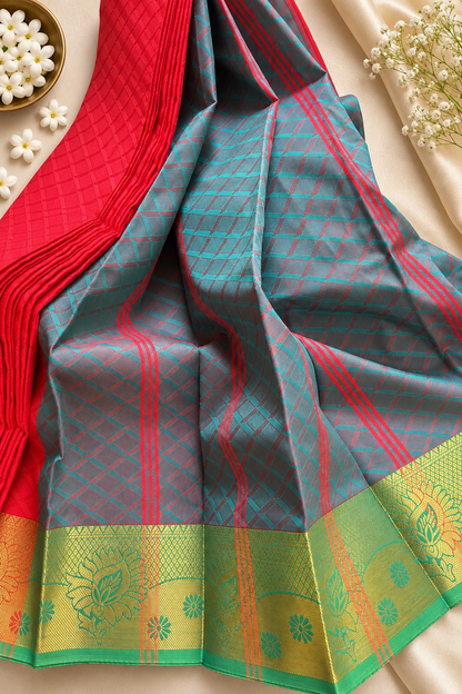 Red & Teal Blue Contrast Silk Saree with Rich Gold Zari Border
