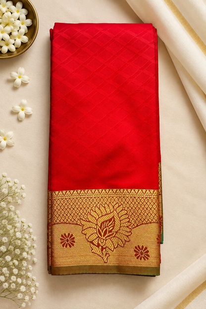 Red & Teal Blue Contrast Silk Saree with Rich Gold Zari Border