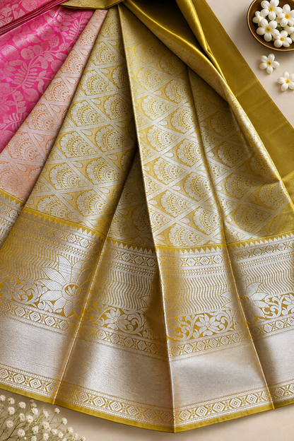 Bright Baby Pink & Mustard Gold Contrast Wedding Sarees