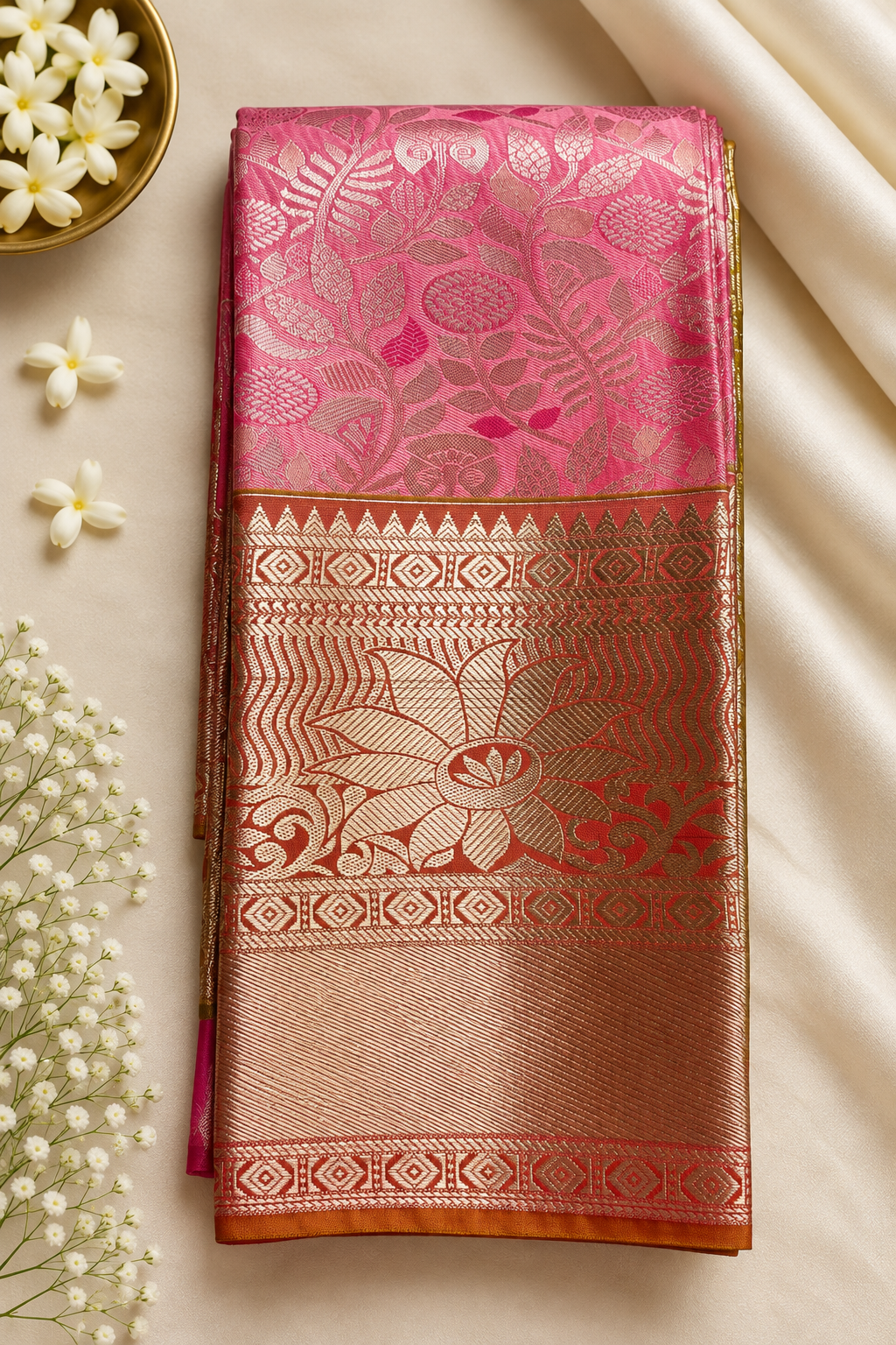 Bright Baby Pink & Mustard Gold Contrast Wedding Sarees