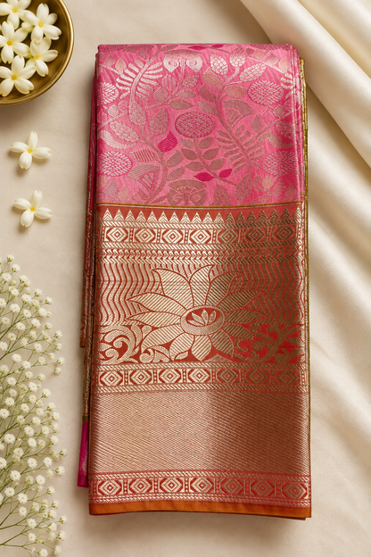 Bright Baby Pink & Mustard Gold Contrast Wedding Sarees