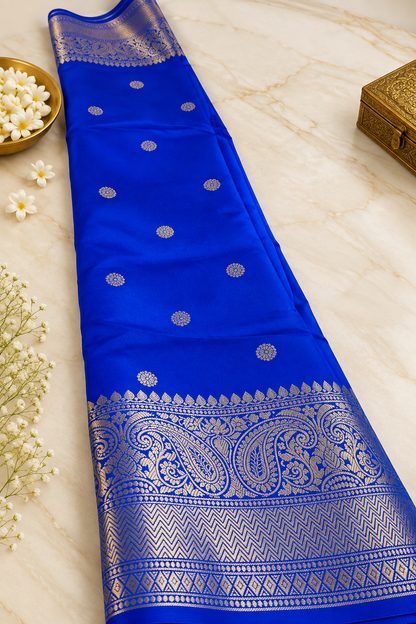 Banarasi Zari Silk Saree for Wedding & Festive Wear – Coffee Brown, Blue Purple, Blue & Red
