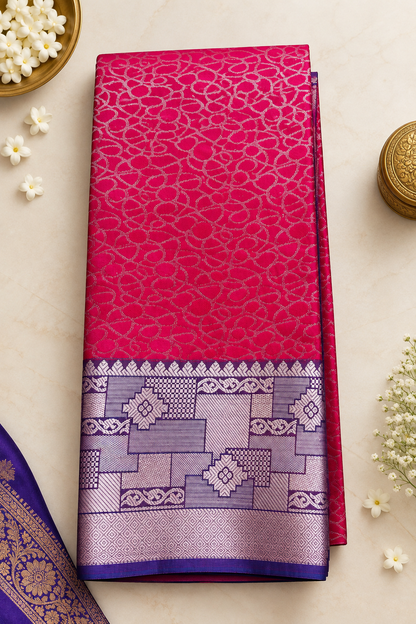 Elegant Wedding Silk Saree with Royal Blue Contrast – Yellow & Rani Pink