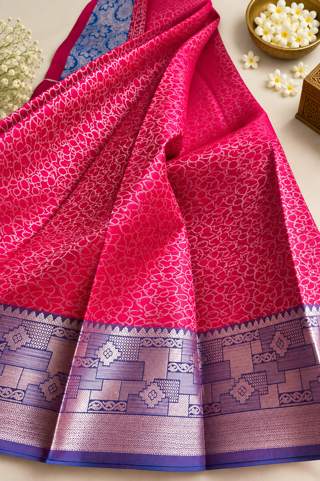 Elegant Wedding Silk Saree with Royal Blue Contrast – Yellow & Rani Pink