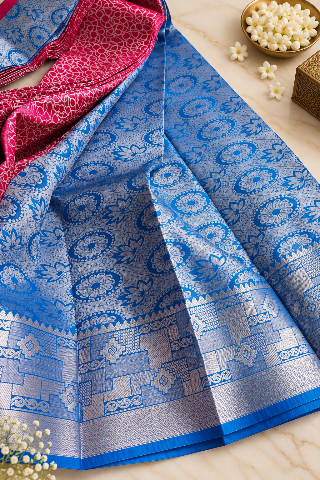 Elegant Wedding Silk Saree with Royal Blue Contrast – Yellow & Rani Pink
