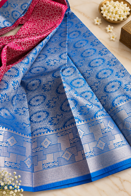 Elegant Wedding Silk Saree with Royal Blue Contrast – Yellow & Rani Pink