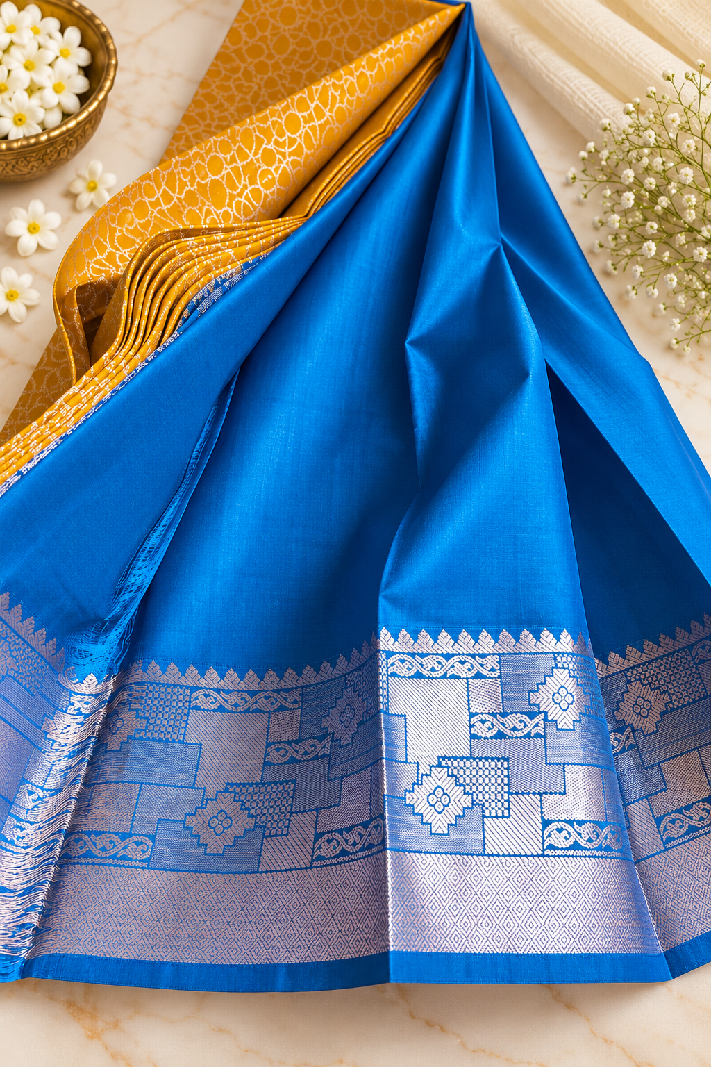 Elegant Wedding Silk Saree with Royal Blue Contrast – Yellow & Rani Pink