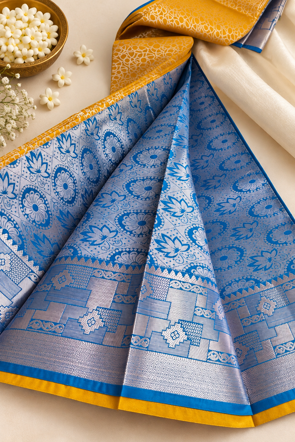 Elegant Wedding Silk Saree with Royal Blue Contrast – Yellow & Rani Pink