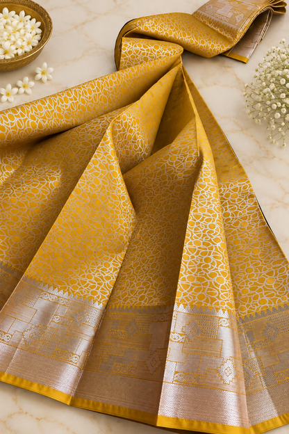 Elegant Wedding Silk Saree with Royal Blue Contrast – Yellow & Rani Pink