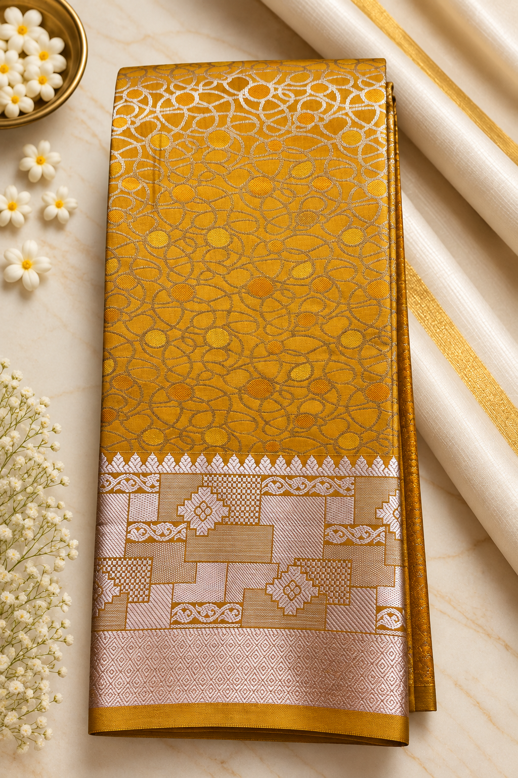 Elegant Wedding Silk Saree with Royal Blue Contrast – Yellow & Rani Pink