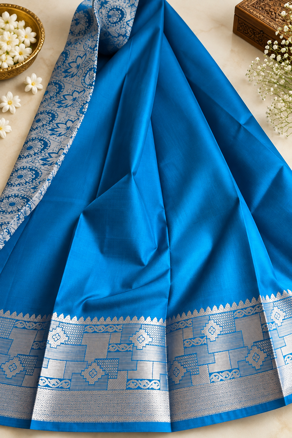 Elegant Wedding Silk Saree with Royal Blue Contrast – Yellow & Rani Pink