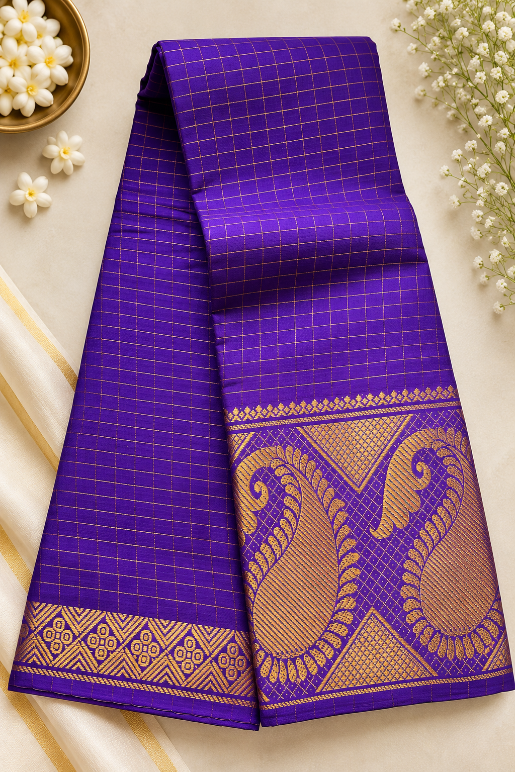 Traditional Chettinad Cotton Saree with Zari Checks & Rich Woven Border