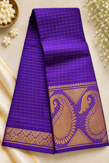 Traditional Chettinad Cotton Saree with Zari Checks & Rich Woven Border