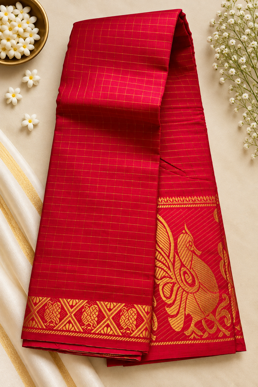 Traditional Chettinad Cotton Saree with Zari Checks & Rich Woven Border