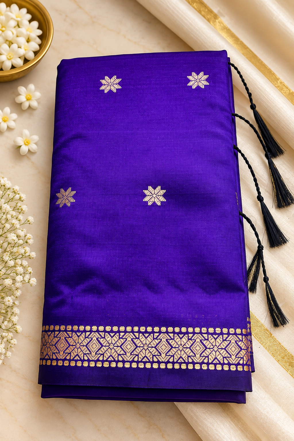 Budget-Friendly Banarasi Silk Saree with Zari Floral Motifs & Rich Woven Border