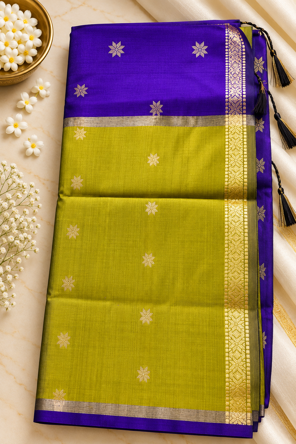 Budget-Friendly Banarasi Silk Saree with Zari Floral Motifs & Rich Woven Border