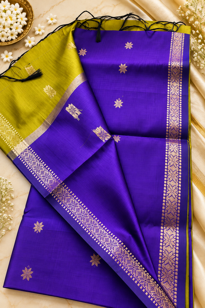 Budget-Friendly Banarasi Silk Saree with Zari Floral Motifs & Rich Woven Border