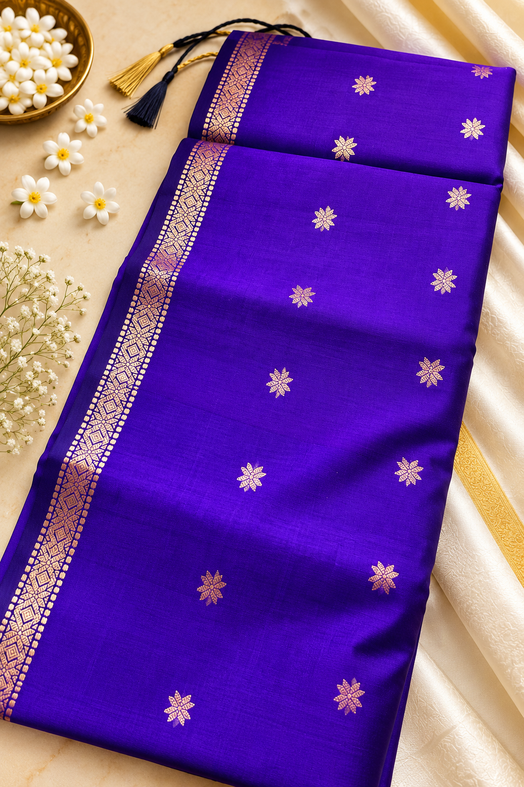 Budget-Friendly Banarasi Silk Saree with Zari Floral Motifs & Rich Woven Border