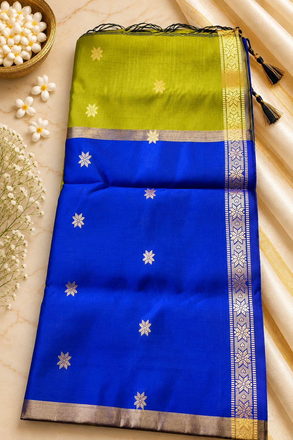 Budget-Friendly Banarasi Silk Saree with Zari Floral Motifs & Rich Woven Border
