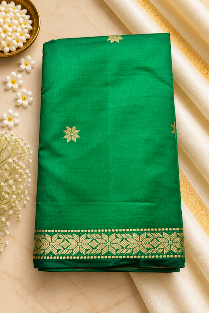 Budget-Friendly Banarasi Silk Saree with Zari Floral Motifs & Rich Woven Border