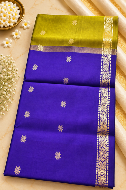 Budget-Friendly Banarasi Silk Saree with Zari Floral Motifs & Rich Woven Border