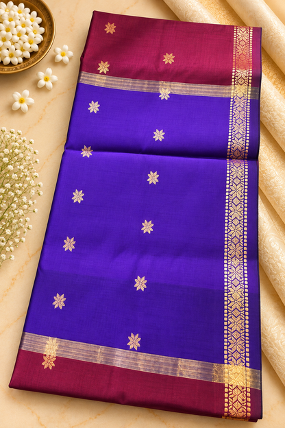 Budget-Friendly Banarasi Silk Saree with Zari Floral Motifs & Rich Woven Border