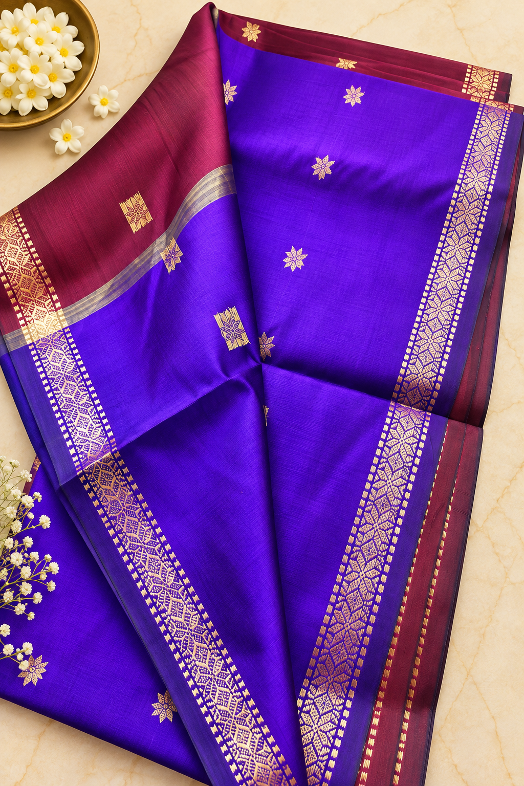 Budget-Friendly Banarasi Silk Saree with Zari Floral Motifs & Rich Woven Border