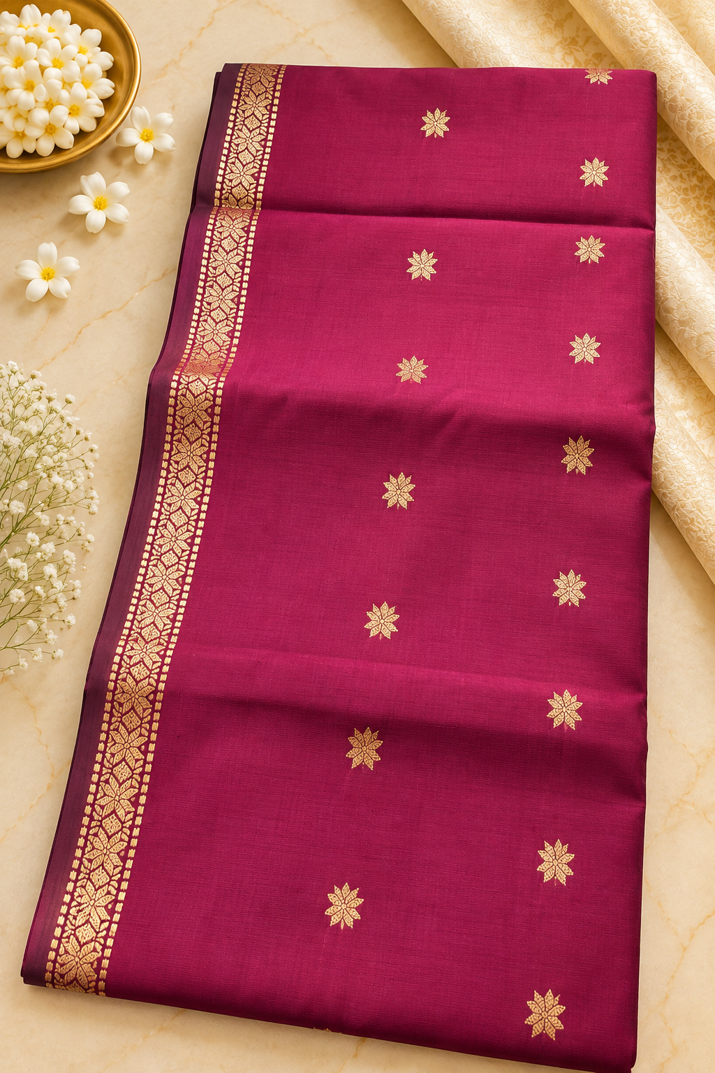Budget-Friendly Banarasi Silk Saree with Zari Floral Motifs & Rich Woven Border