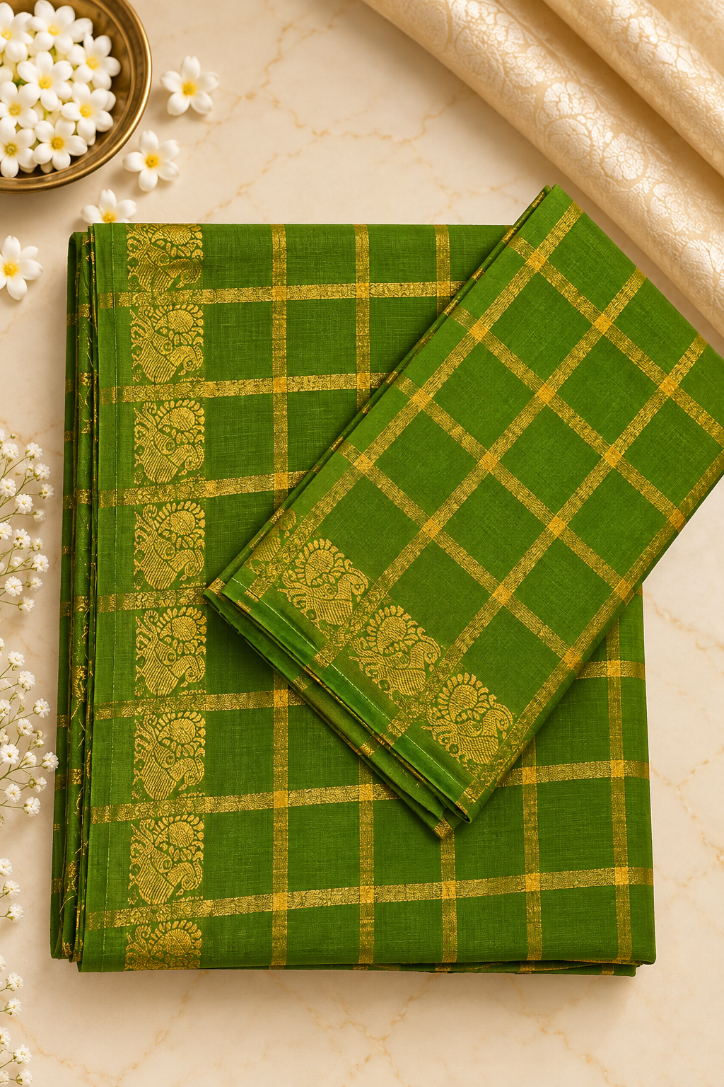 Pavithrakattam Cotton Saree with Traditional Zari Checks & Peacock Motif – Running Blouse Included