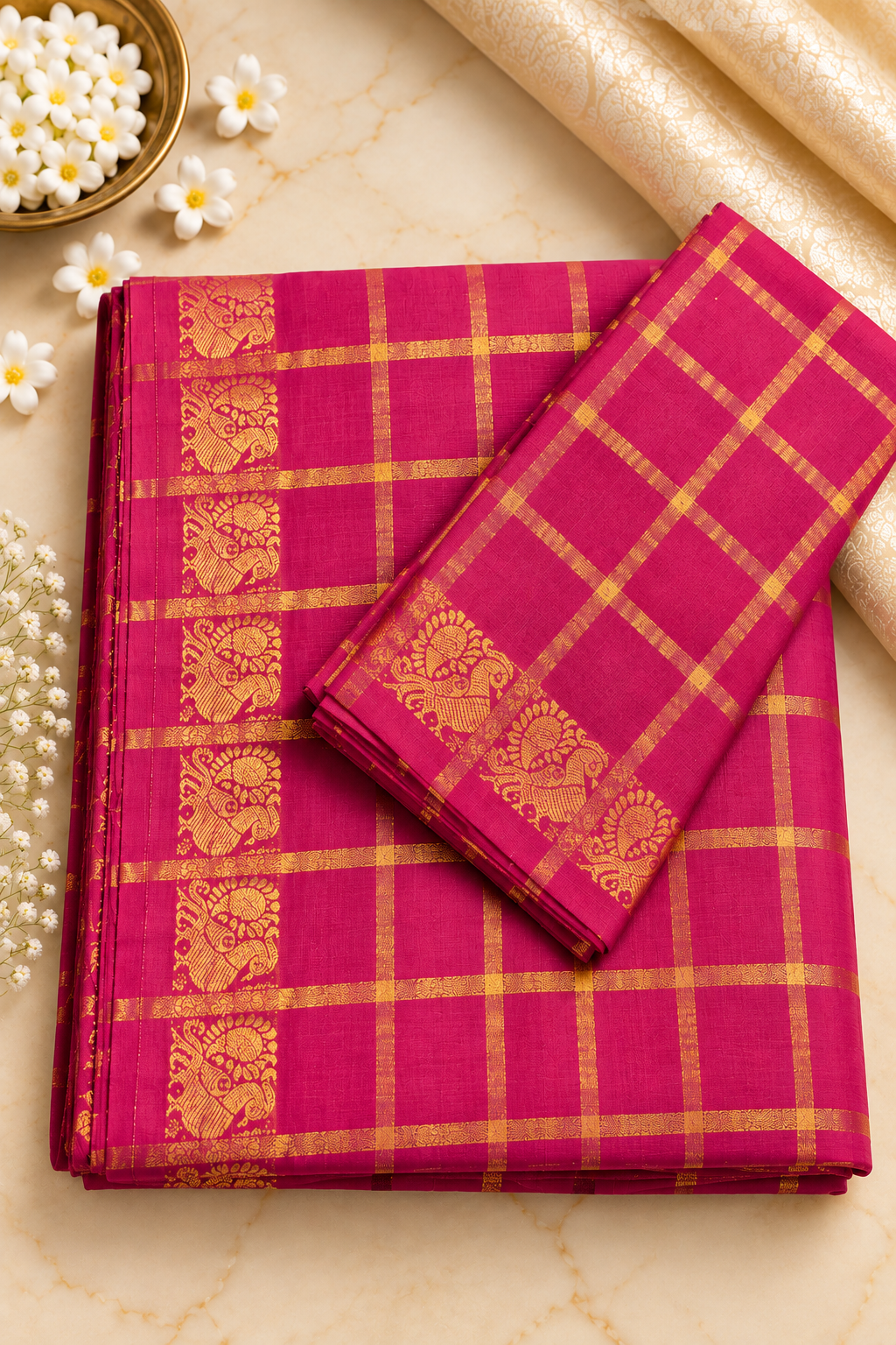 Pavithrakattam Cotton Saree with Traditional Zari Checks & Peacock Motif – Running Blouse Included