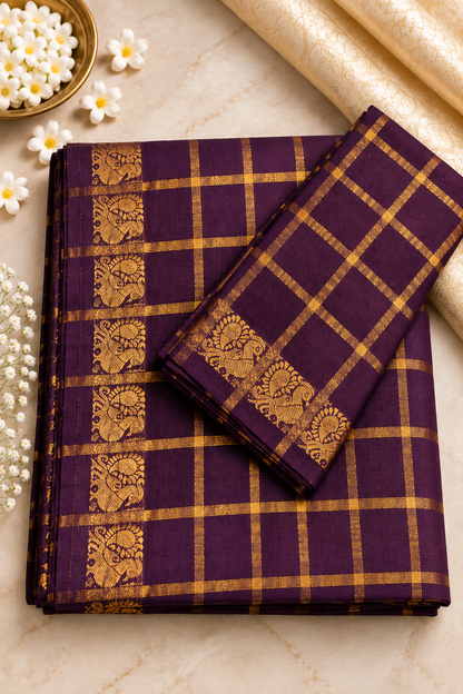 Pavithrakattam Cotton Saree with Traditional Zari Checks & Peacock Motif – Running Blouse Included