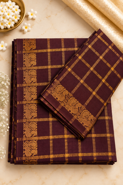 Pavithrakattam Cotton Saree with Traditional Zari Checks & Peacock Motif – Running Blouse Included
