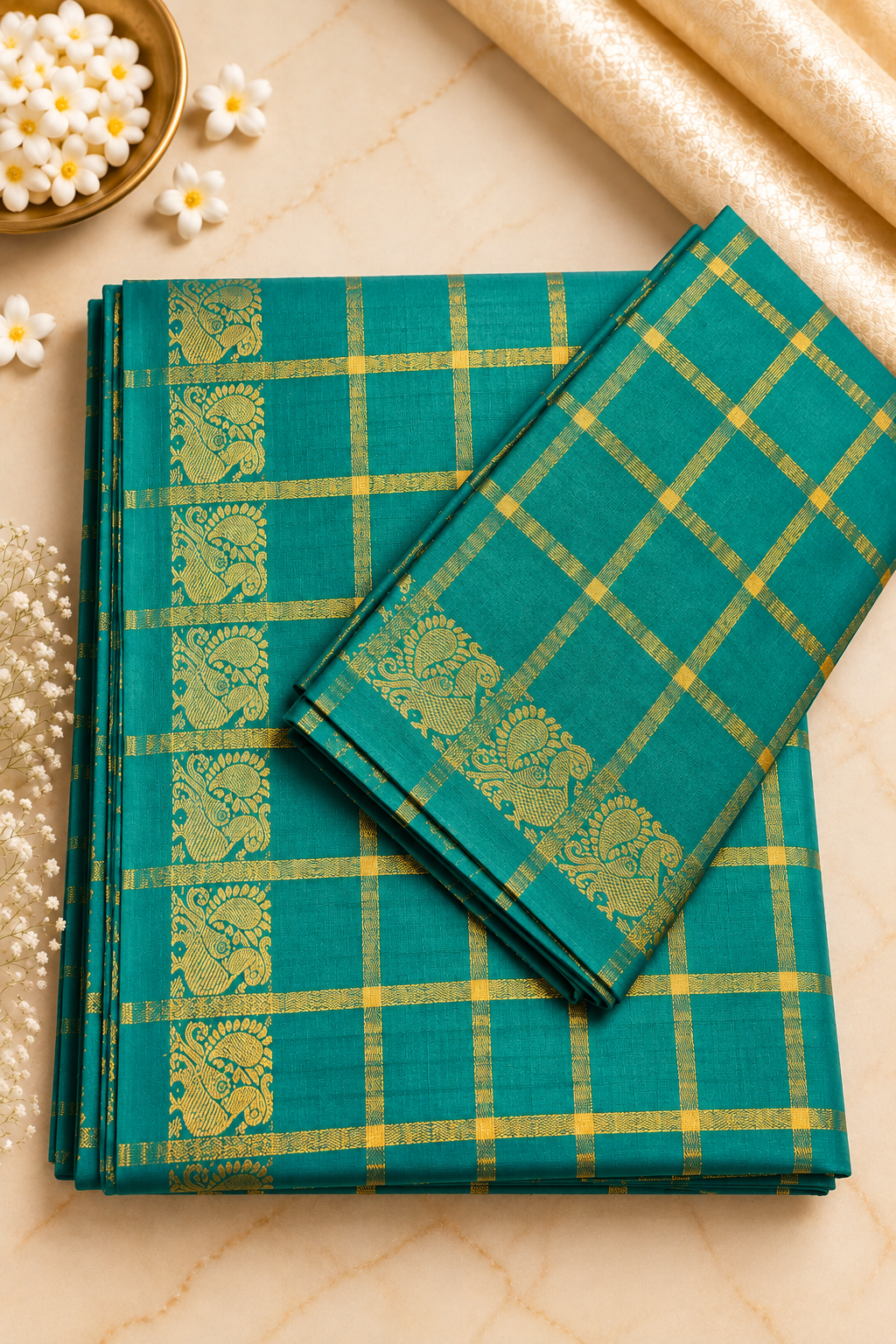 Pavithrakattam Cotton Saree with Traditional Zari Checks & Peacock Motif – Running Blouse Included