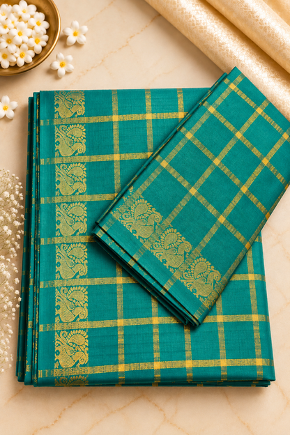 Pavithrakattam Cotton Saree with Traditional Zari Checks & Peacock Motif – Running Blouse Included
