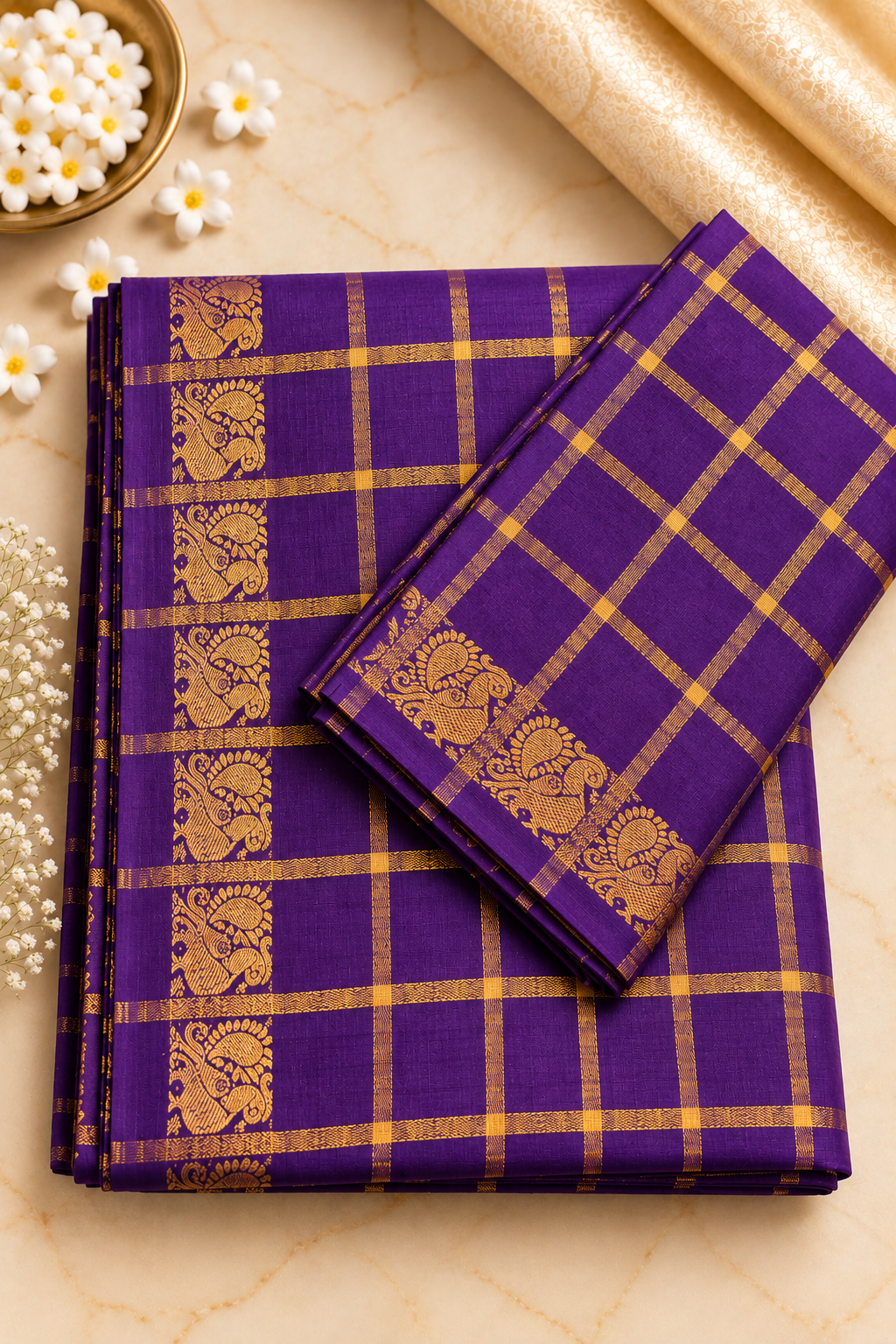 Pavithrakattam Cotton Saree with Traditional Zari Checks & Peacock Motif – Running Blouse Included