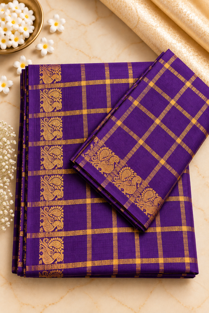 Pavithrakattam Cotton Saree with Traditional Zari Checks & Peacock Motif – Running Blouse Included