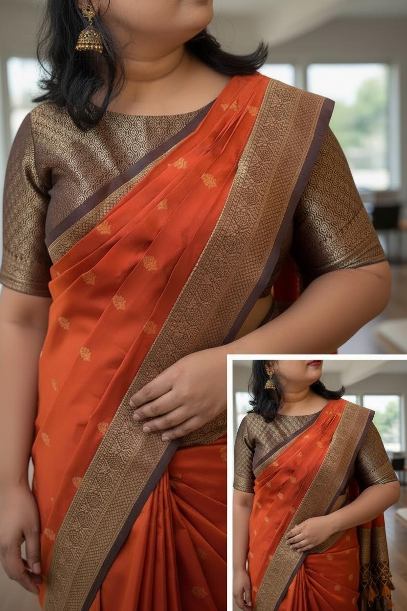 Rust Orange & Coffee Brown Semi Kanchipuram Saree with Brocade Blouse | Reception & Pre-Wedding Look