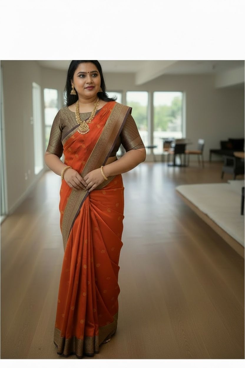 Rust Orange & Coffee Brown Semi Kanchipuram Saree with Brocade Blouse | Reception & Pre-Wedding Look
