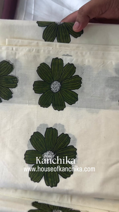 Hand-Painted Green Floral Set Mund | Premium Kerala Traditional Set Mund for Women